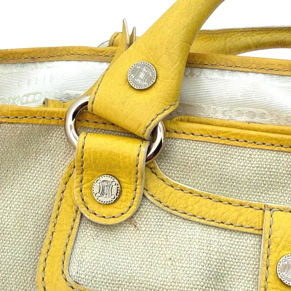 Celine Boogie Bag Beige Canvas Yellow Leather Trim Tassel Satchel‎ Handbag